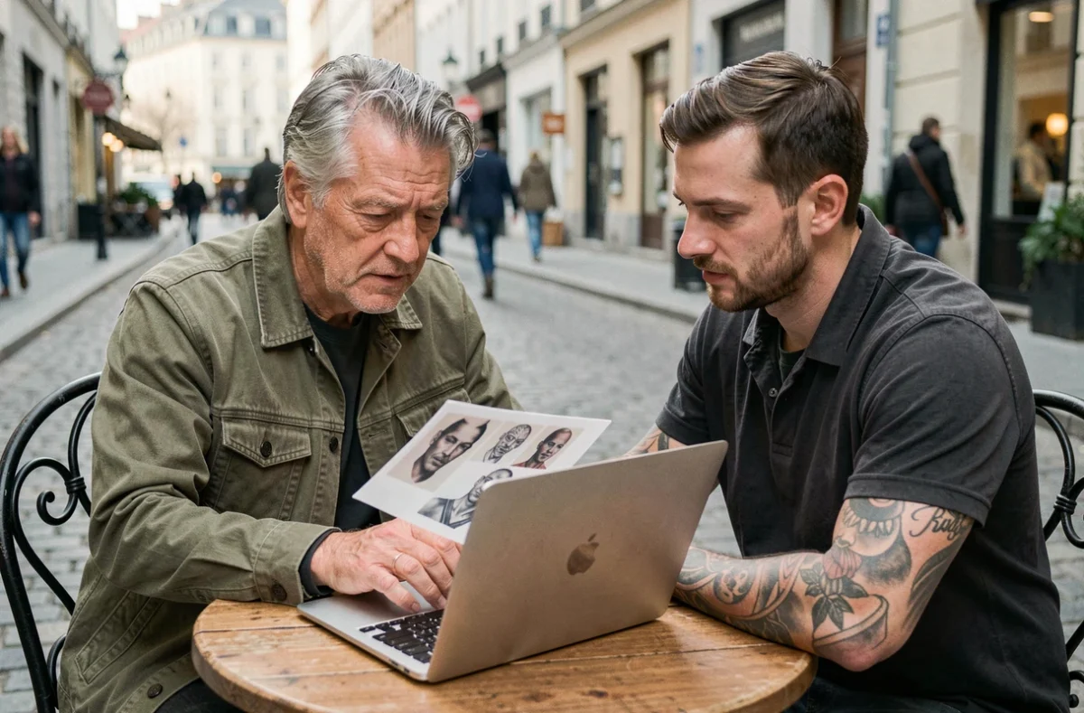 Photographe professionnel et client tatoué discutant d'un projet photo en consultation dans un café urbain