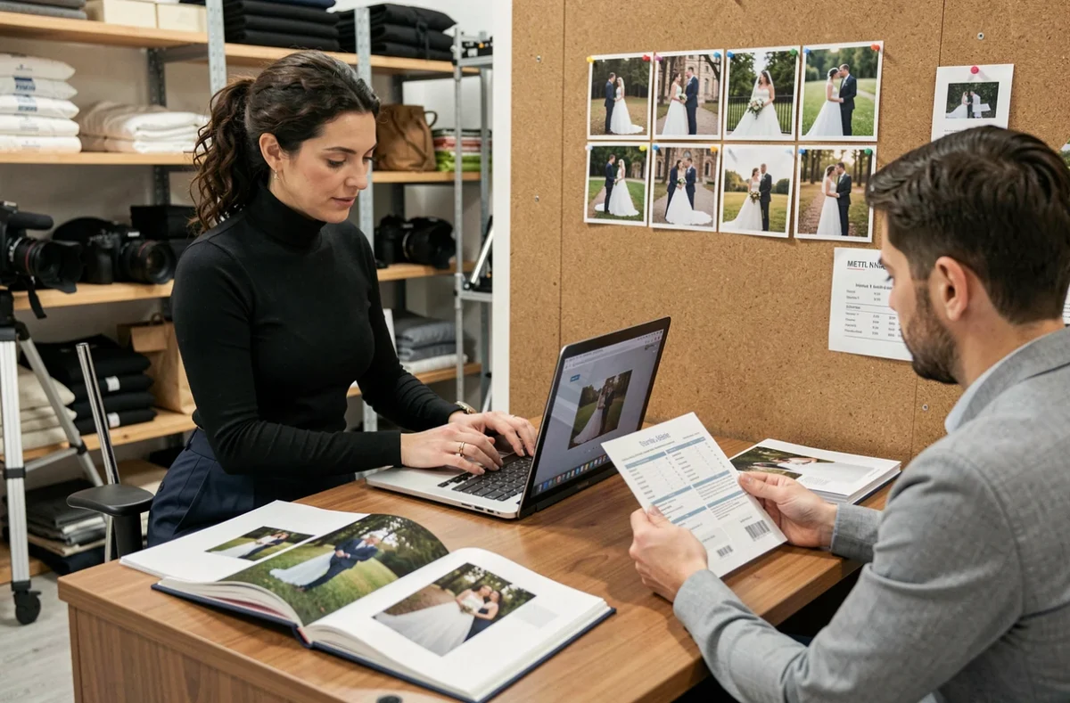 Photographe de mariage féminine en réunion de consultation tarifaire avec un couple dans son studio à Metz