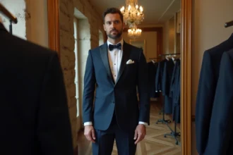 Marié essayant un costume de location mal ajusté dans une boutique parisienne, reflet dans un miroir en pied