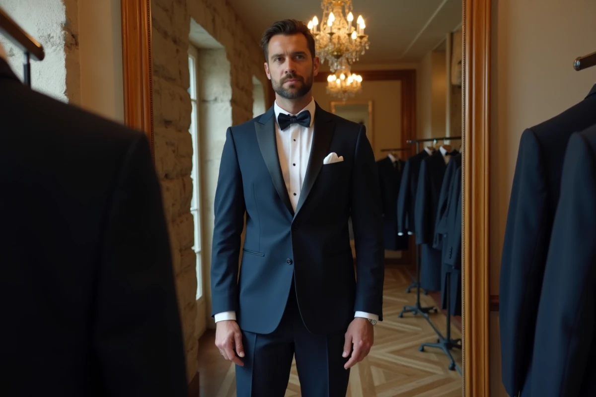 Marié essayant un costume de location mal ajusté dans une boutique parisienne, reflet dans un miroir en pied