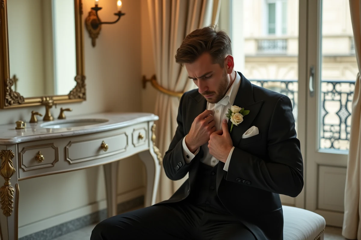 Marié mal à l'aise dans un costume de location trop ajusté dans une salle de préparation de mariage à Paris
