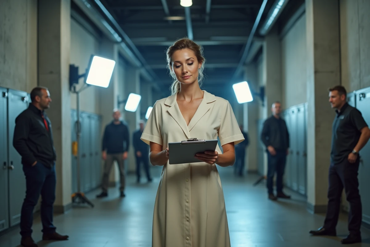 Femme en robe crème consultant ses notes en coulisses d'un studio de télévision avant une émission