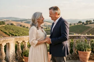 Couple de presque 50 ans se tenant la main sur une terrasse en pierre avec vue sur des vignes, célébrant 25 ans de mariage