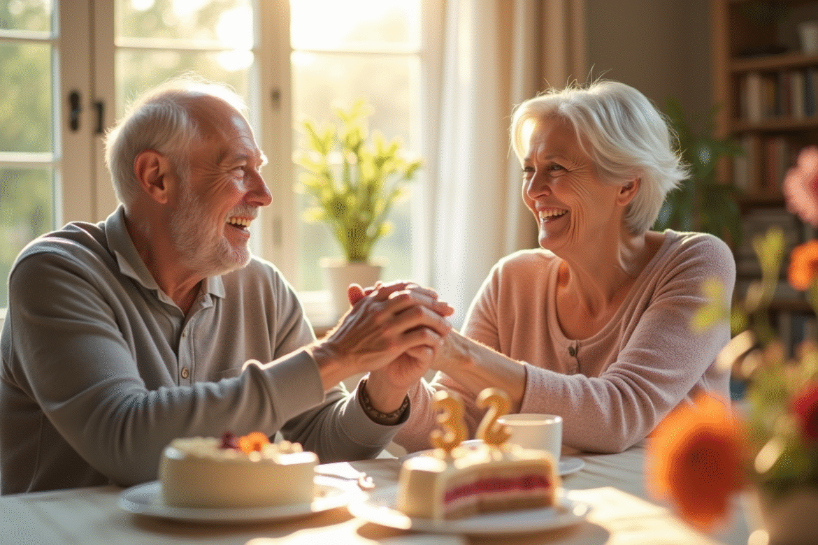 Couple de 60 ans souriant lors d'un petit déjeuner ensoleille