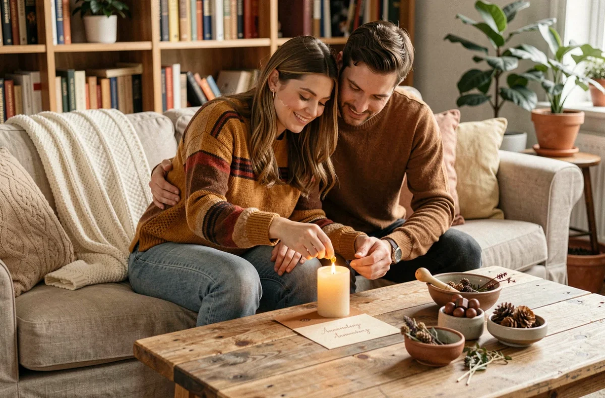 Couple célébrant 4 ans de mariage en créant une carte artisanale avec un cachet de cire, entouré de bougies et de décorations chaleureuses dans un salon cosy
