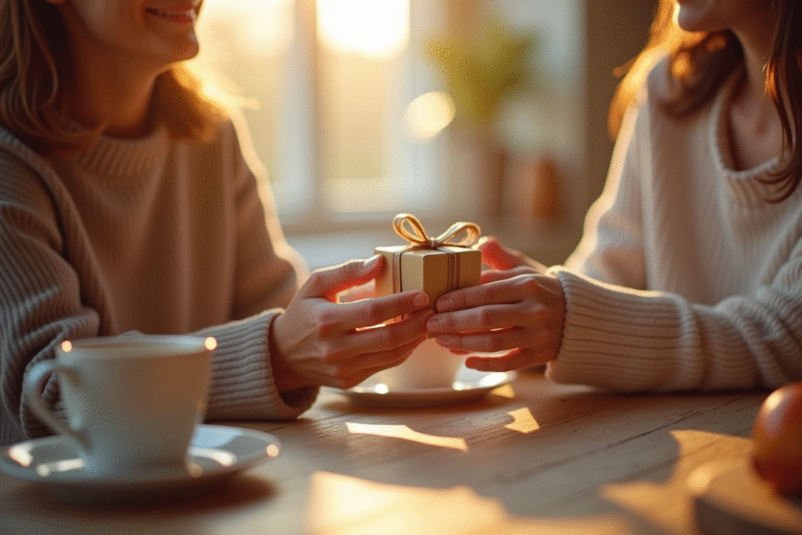 Couple échangeant des petits cadeaux au petit déjeuner