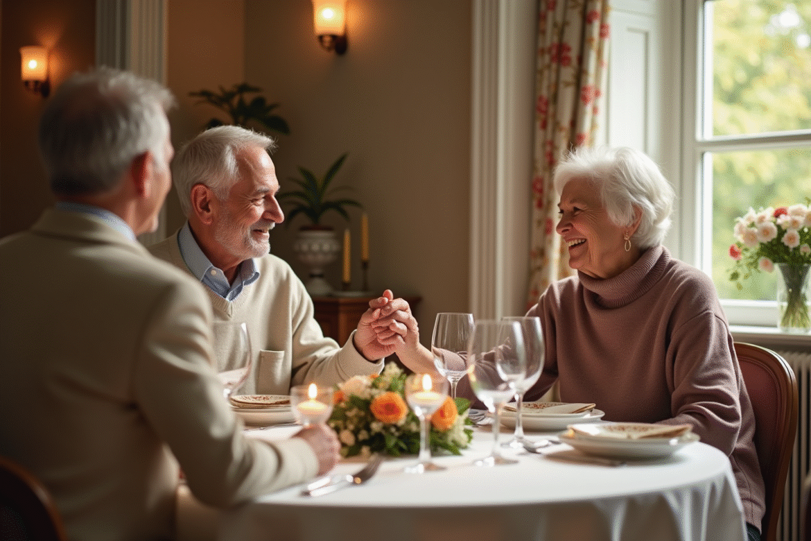 Couple mature échangeant un sourire lors d'un dîner d'anniversaire