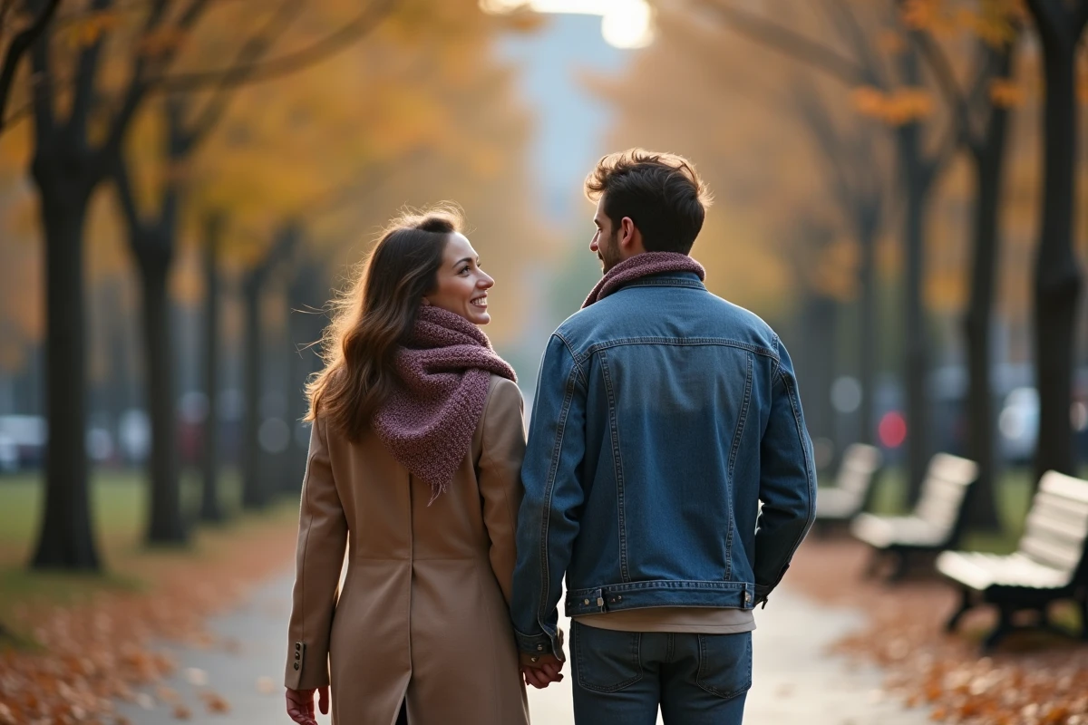 Couple marchant dans un parc urbain en automne
