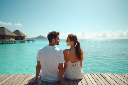 Jeune couple sur un ponton en bungalow sur l'eau