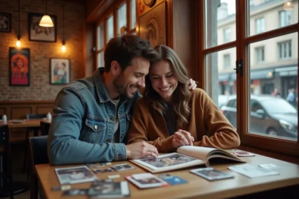 Couple dans un café avec souvenirs et posters de concerts