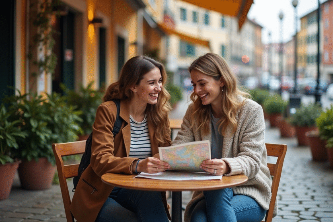 Jeune couple souriant au café en voyage romantique