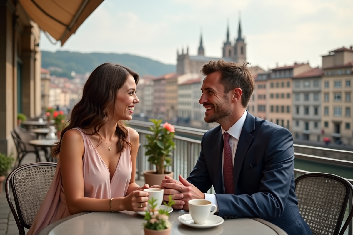 Jeune couple riant dans un café en ville romantique