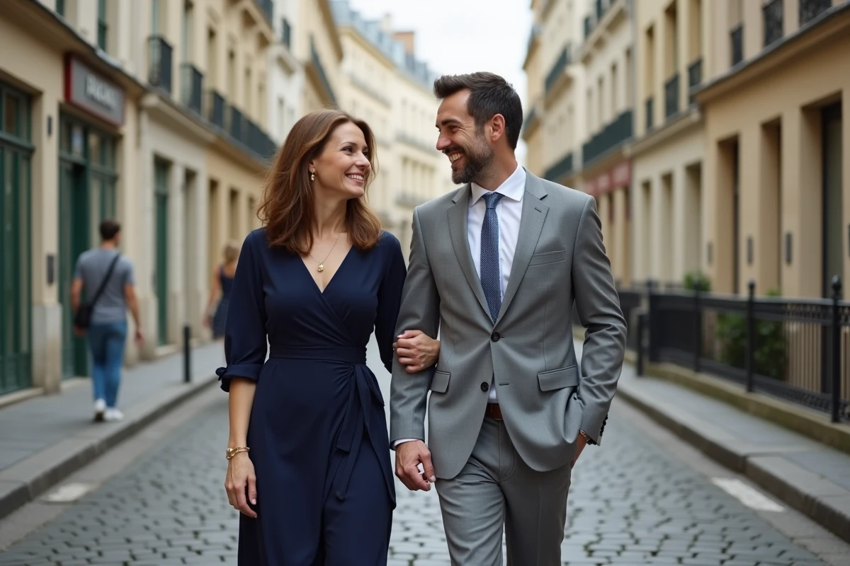 Couple élégant et complice se promenant dans une rue pavée parisienne, style reportage discret pour article sur la vie privée d'une animatrice