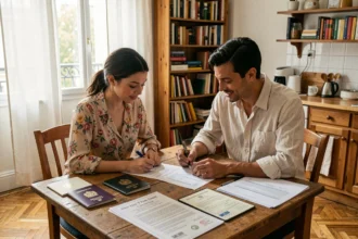 Couple mixte vérifiant leurs documents administratifs pour un mariage étranger en France sur une table en bois