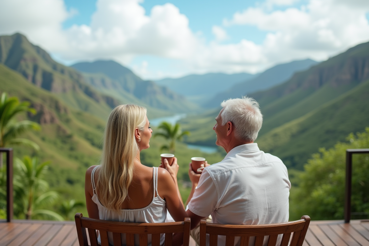 Couple assis sur terrasse avec vue sur la vallée tropicale d Hawaii
