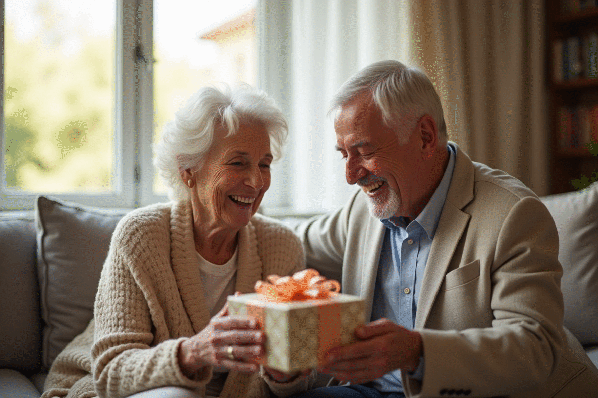 Couple âgé ouvrant un cadeau lumineux dans un salon ensoleille
