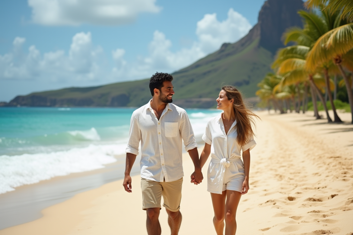 Jeune couple mixte marche sur la plage hawaienne ensoleillee