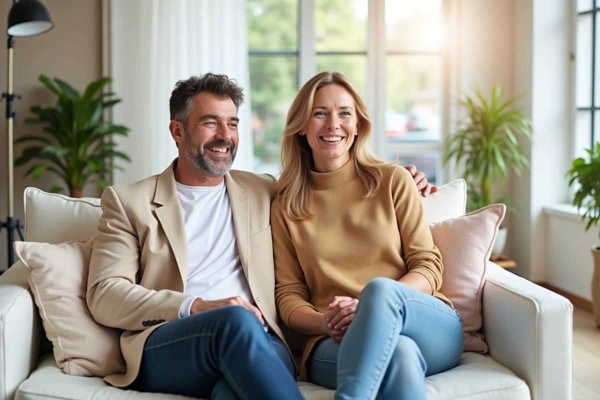Couple souriant interviewé sur un plateau de télévision matinale lors d'une émission de divertissement
