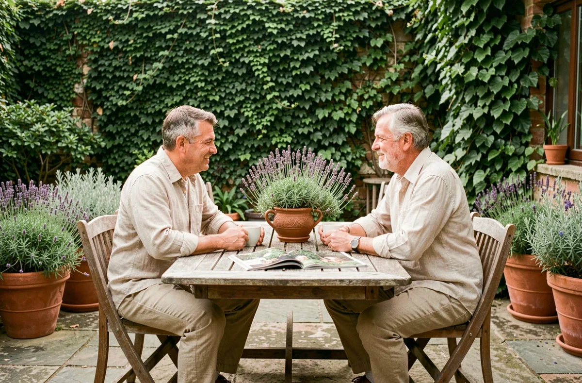 Couple partageant un moment intime dans leur jardin privé sur une terrasse en pierre entourée de plantes aromatiques