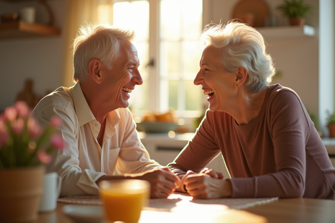 Couple mature souriant dans une cuisine ensoleillee