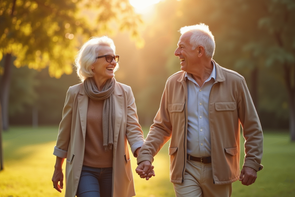 Couple mature souriant marchant dans un parc ensoleille