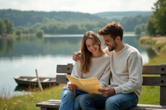 Jeune couple assis sur un banc au bord du lac romantique