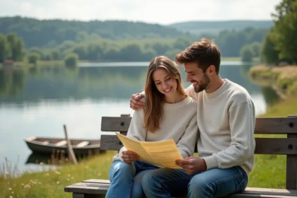 Jeune couple assis sur un banc au bord du lac romantique