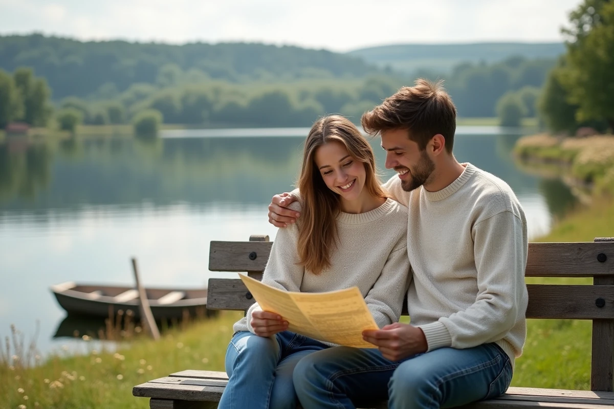Jeune couple assis sur un banc au bord du lac romantique