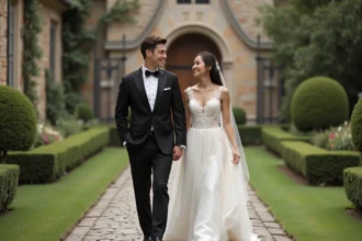 Jeune couple en mariage dans un cadre romantique