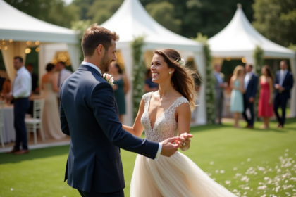Couple joyeux dansant lors d'un mariage en plein air