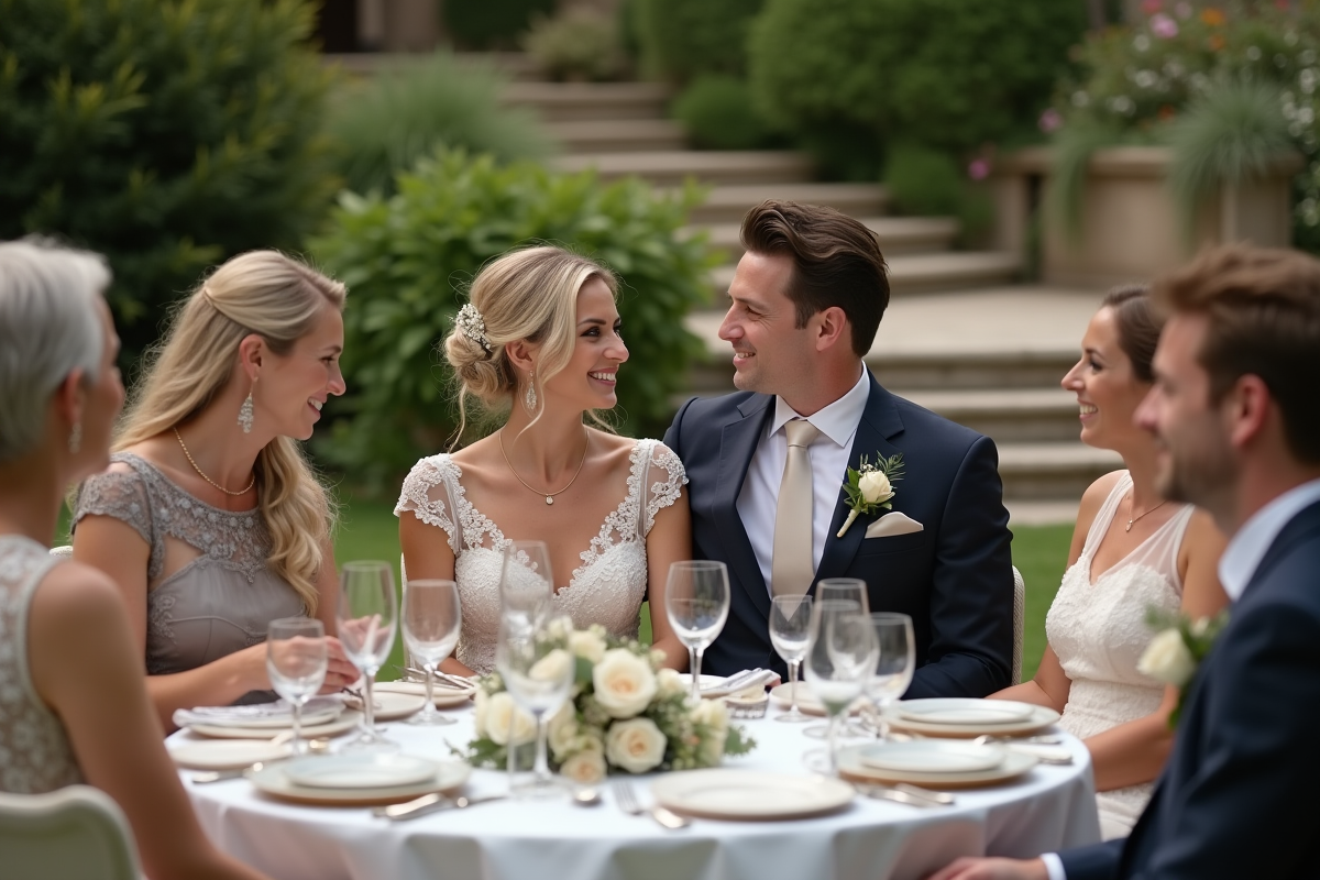 Jeune couple de mariés en extérieur dans un jardin