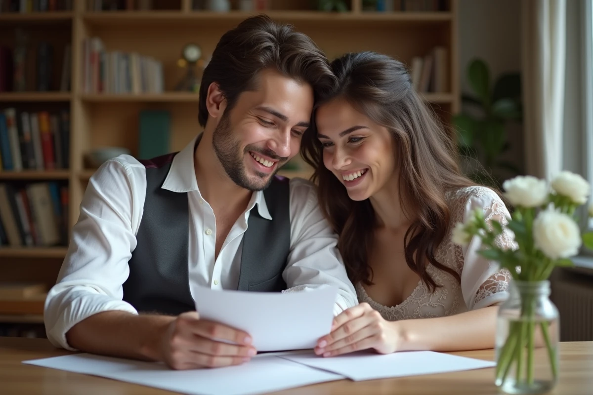 Jeune couple français souriant avec invitations de mariage