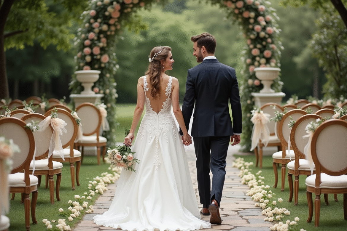 Jeune couple souriant lors d'un mariage en plein air dans un jardin