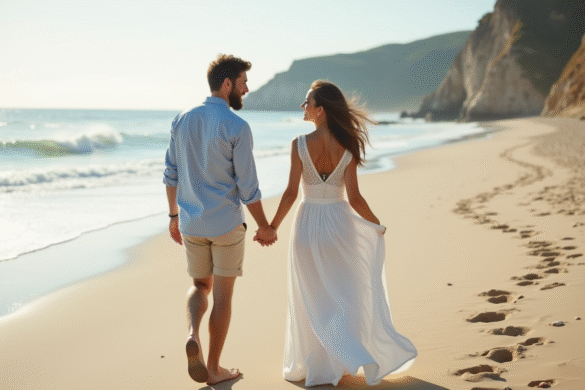 Jeune couple marié marche sur une plage isolée en été