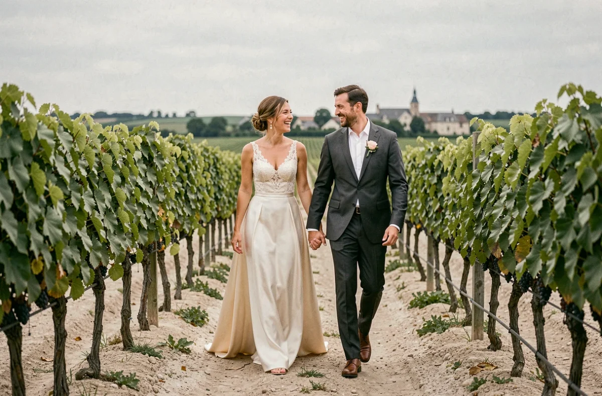 Couple de mariés se promenant dans un vignoble de l'Aube lors d'une séance photo de mariage en Champagne