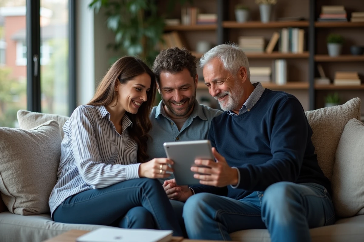 Un couple et un proche parent consultent ensemble une application de planification de mariage sur une tablette dans un salon moderne et décontracté