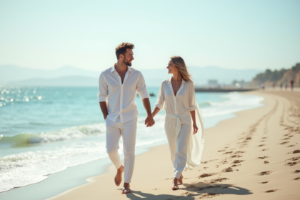 Jeune couple en lin blanc marche sur la plage