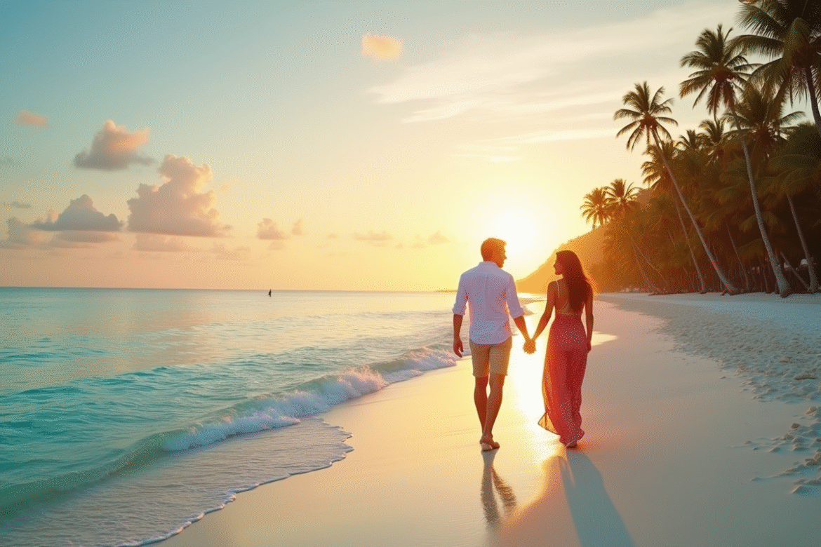 Couple main dans la main sur plage de sable blanc au coucher de soleil