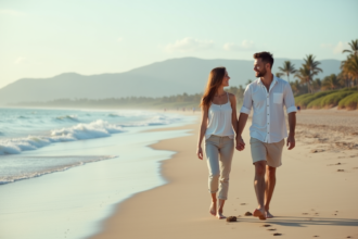 Jeune couple souriant marche sur la plage en été