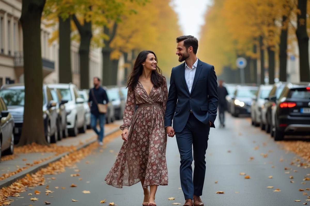 Couple se promenant sur un boulevard parisien en automne, évoquant la vie de couple et les rumeurs autour de Juliette Plumecocq Mech mariée