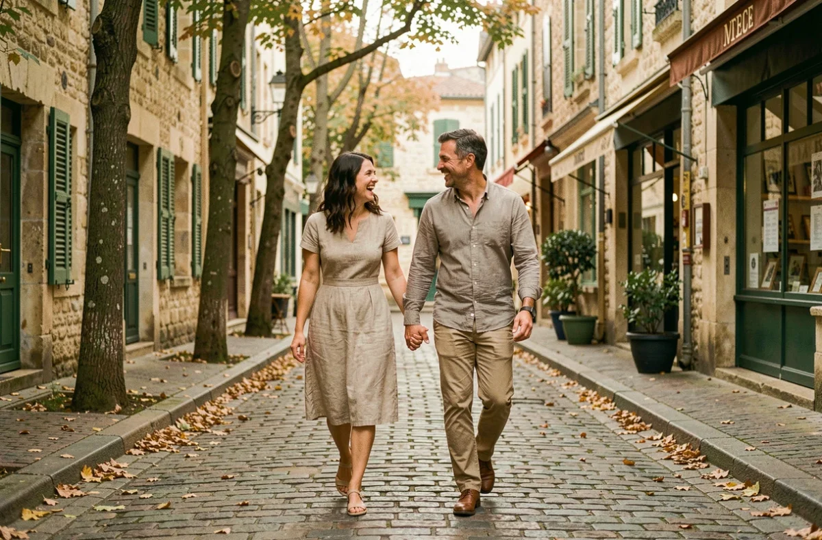Couple complice se promenant main dans la main dans une rue pavée française, illustrant la vie de couple et le bonheur partagé