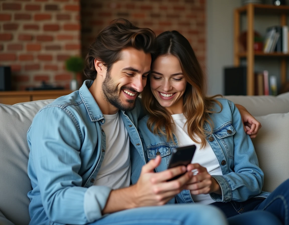 Couple regardant ensemble les résultats d'un test de compatibilité par prénom sur un smartphone
