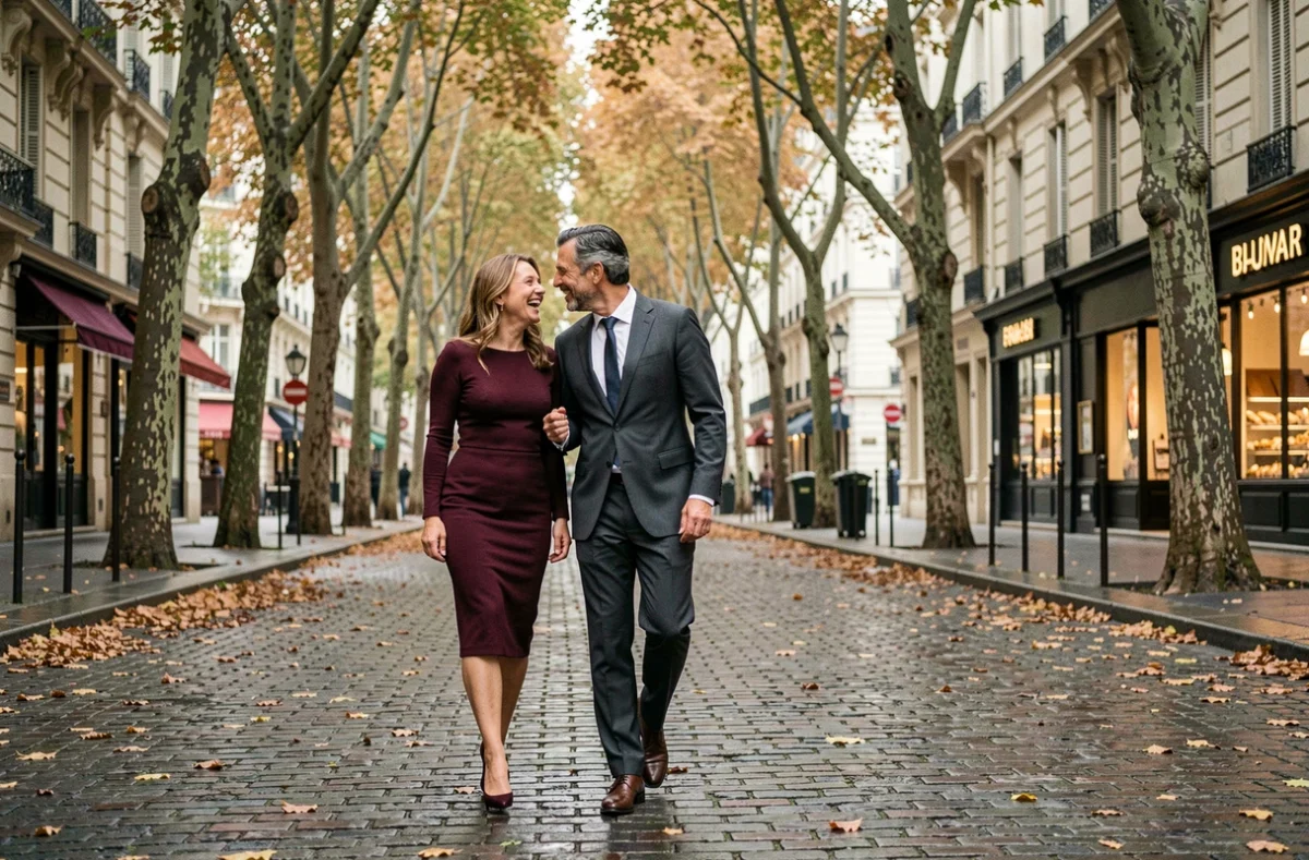Couple élégant marchant et riant sur une rue pavée parisienne en automne pour fêter leur anniversaire de mariage