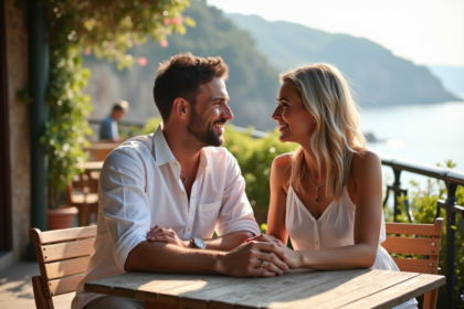 Jeune couple souriant au café en bord de mer