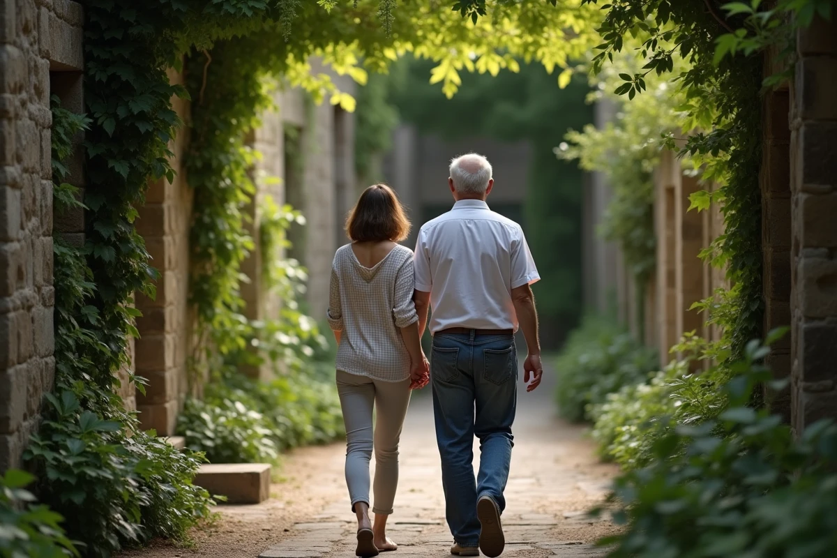 Couple mature se promenant dans un jardin clos et verdoyant