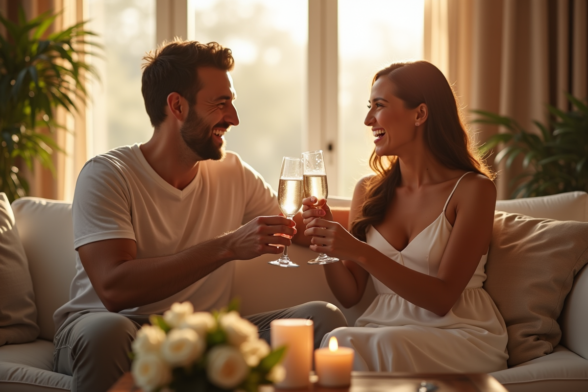 Couple riant en trinquant avec des verres de champagne