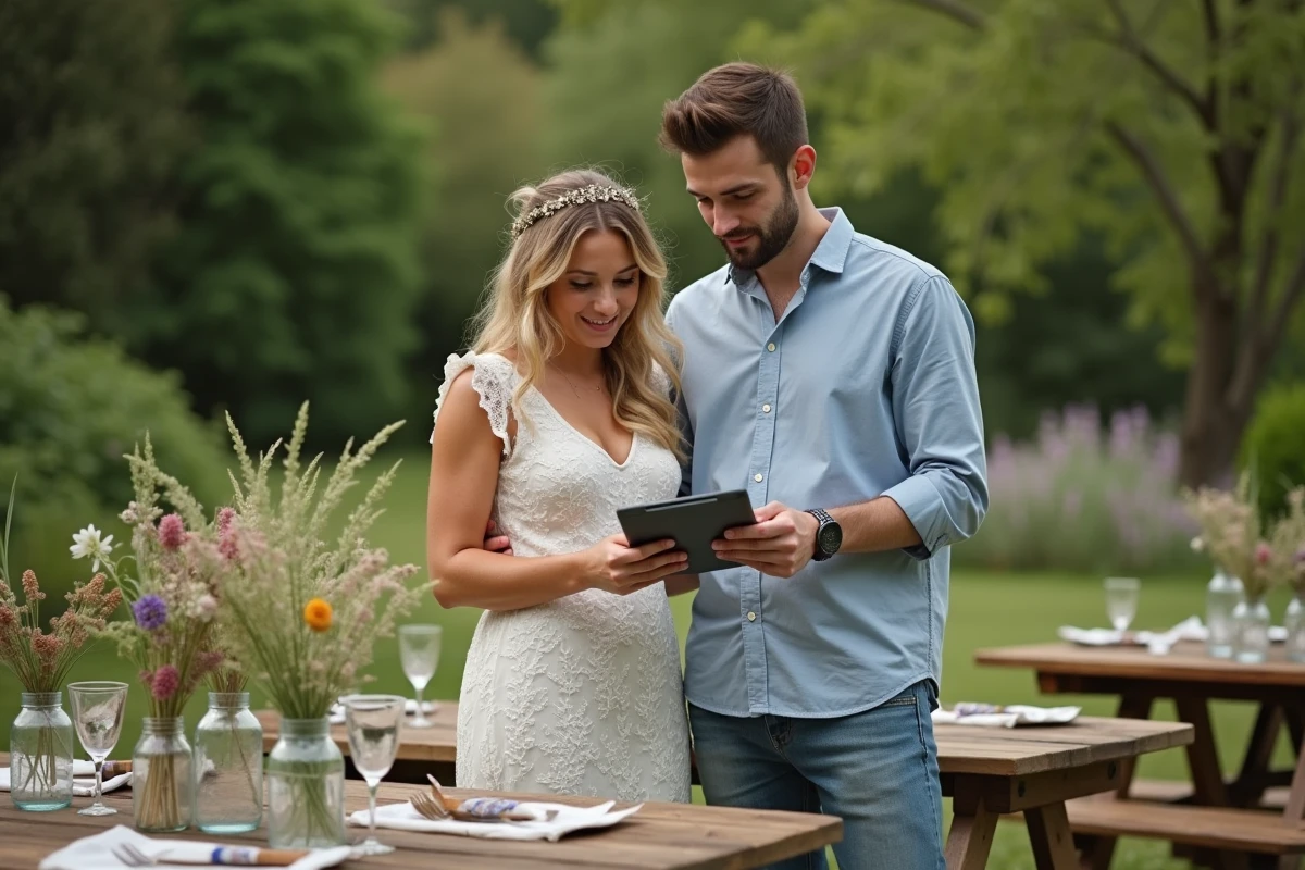 Jeune couple planifiant mariage écologique en extérieur