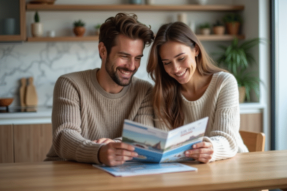 Jeune couple souriant examinant une brochure de voyage dans la cuisine