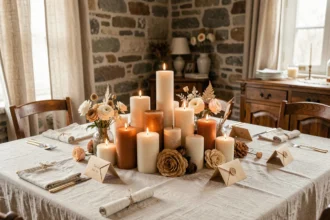 Table d'anniversaire de mariage décorée de bougies en cire ivoire et ambre, fleurs séchées et enveloppes cachetées à la cire, dans un intérieur rustique en pierre
