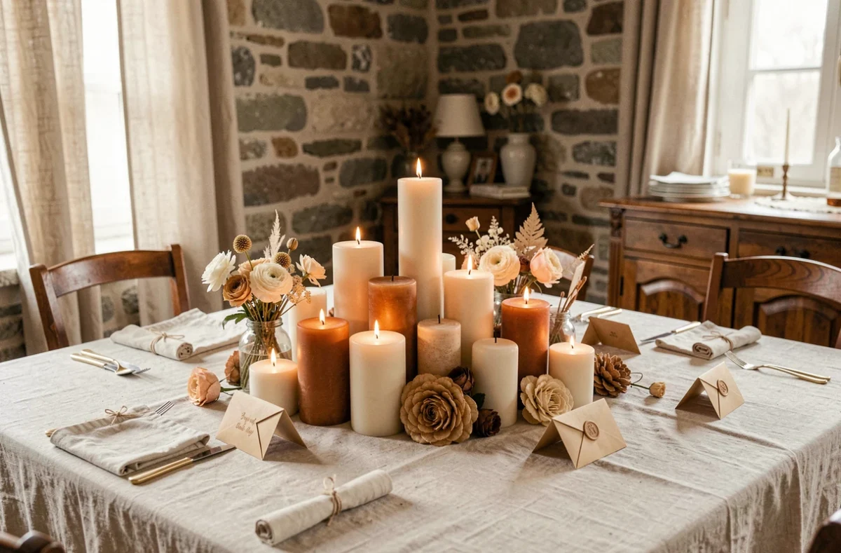 Table d'anniversaire de mariage décorée de bougies en cire ivoire et ambre, fleurs séchées et enveloppes cachetées à la cire, dans un intérieur rustique en pierre